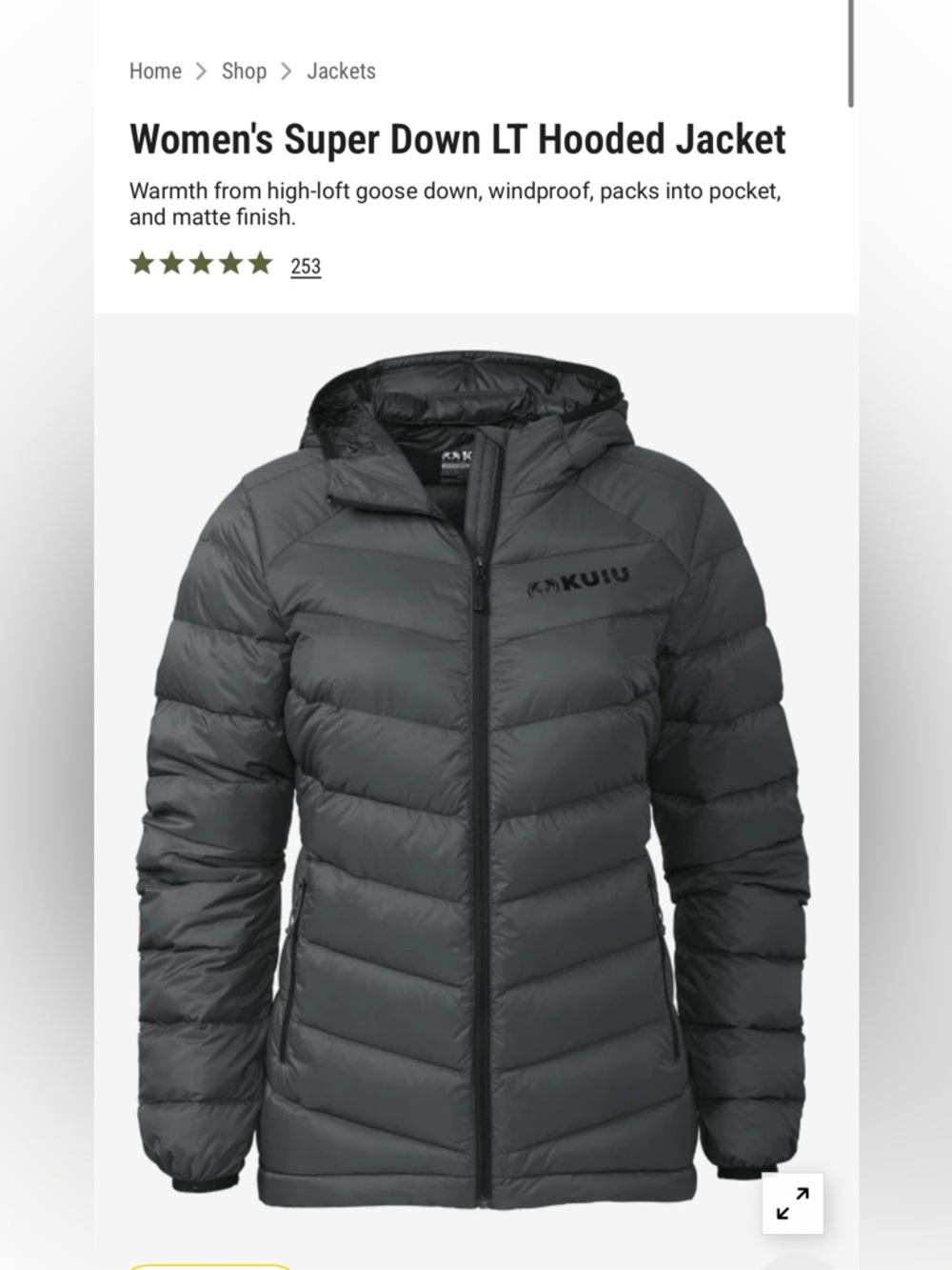Kuiu Women’s Super Down LT Hooded Jacket — Charcoal Gray Small NWOT